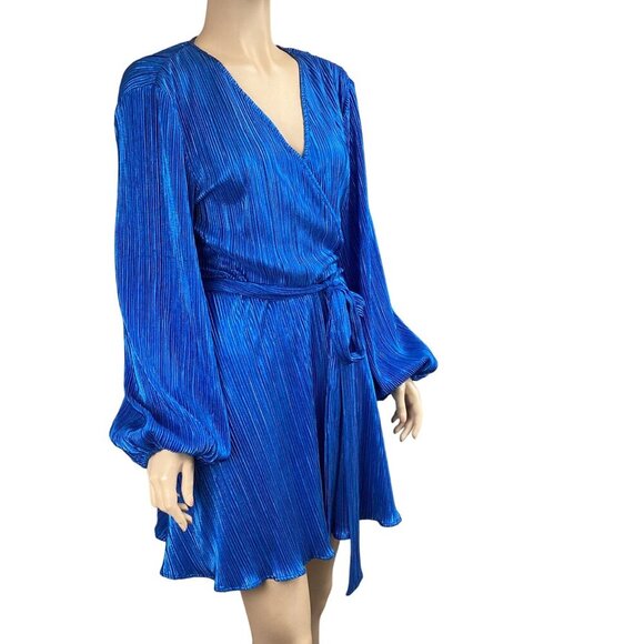 Bardot Belissa Pleat Dress Shine Blue Size Medium Wrap Balloon Sleeves - Picture 4 of 8